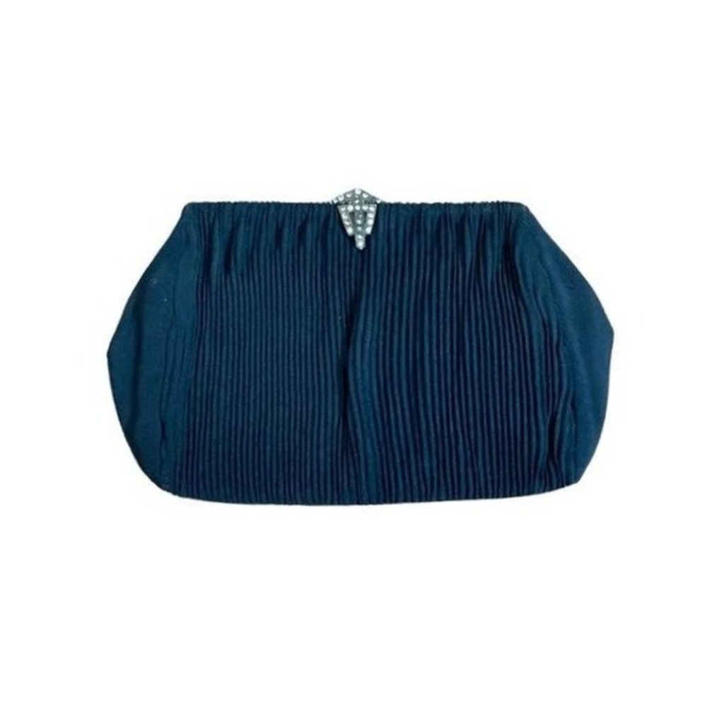 Vintage Pleated‎ Satin Evening Bag Black Jeweled Gold Tone Metal Clasp Clutch